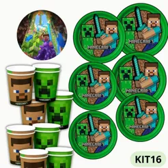 KIT FESTA MINECRAFT 16 PRATOS + 16 COPOS DESCARTÁVEL 200 ML PAPEL - FESTCOLOR (CHOCO)