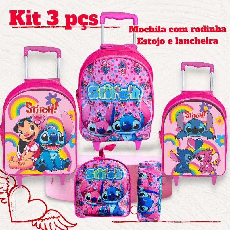 Kit Mochila Escolar com Rodinhas - Diversos Personagens - Menino e Menina reforçado 3 peça...