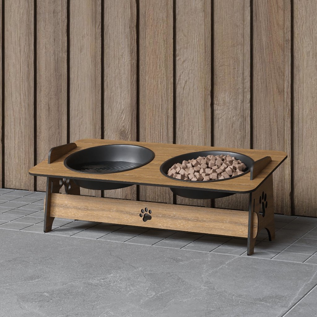 Comedouro Elevado Em Madeira Mdf Com 2 Tigelas Para Água e Ração Gato e Cachorro