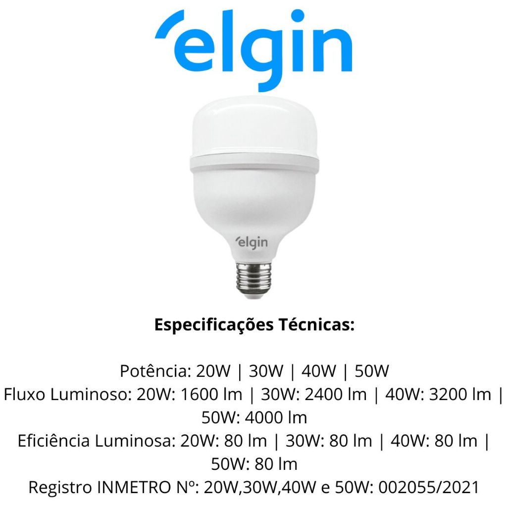Detalhes do Kit 5 Lâmpada Super Bulbo Alta Potência Bivolt Led 50w 6500k Branco Frio (LUZ BRANCA) - Elgin