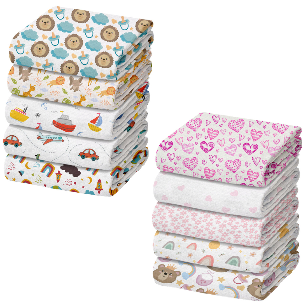 Pacote com 5 Fraldas de Pano de Luxo Marca Minasrey Estampada para Bebês e Recém-Nascidos - 70x70cm - 100% Algodão Duplo