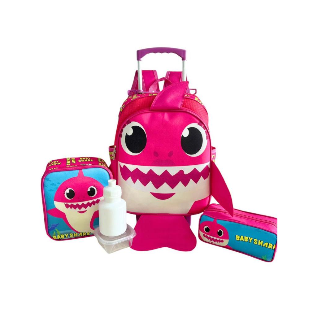 Kit Mochila Infantil Baby Shark Rodinhas M Mamãe Tubarão Rosa Escolar