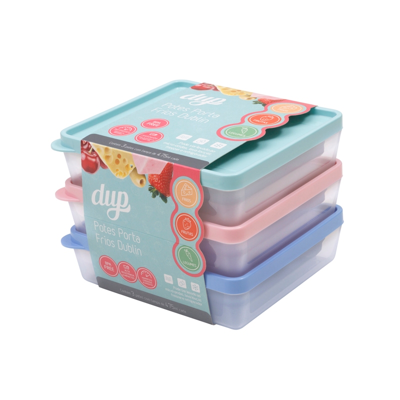 Kit 03 Potes Herméticos Quadrados Dublin Transparente 475ml - Armazenagem de Alimentos e Porta-Frios - Vasilha Color Dup