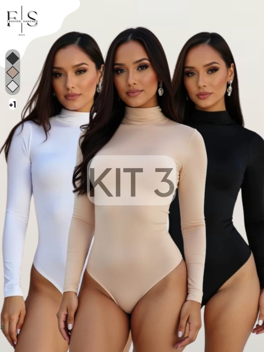 KIT 3 Body Feminino Suplex manga longa gola alta Cacharrel Segunda Pele Premium Moda Bory ...