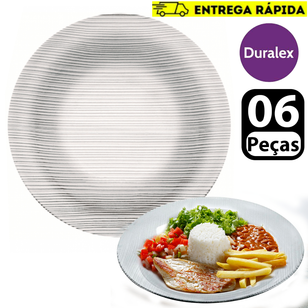 Kit Jogo 6 Pratos Fundo Diamante 22,4cm Vidro Temperado prato de Jantar e Almoço Duralex cozinha