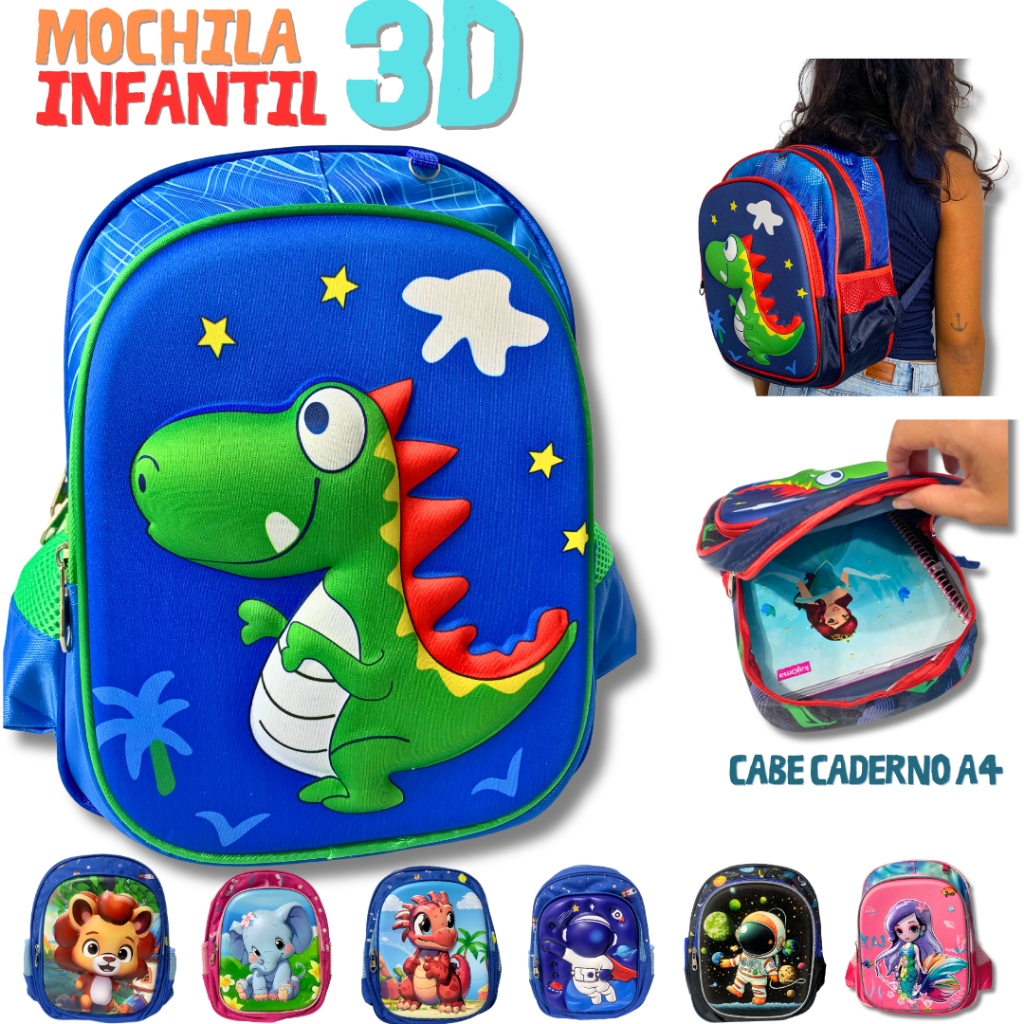 Mochila Infantil 3D Dinossauro Astronauta Escola Creche Colegio Passeio Unissex Alça Ajustável Dino em Oferta na Shopee