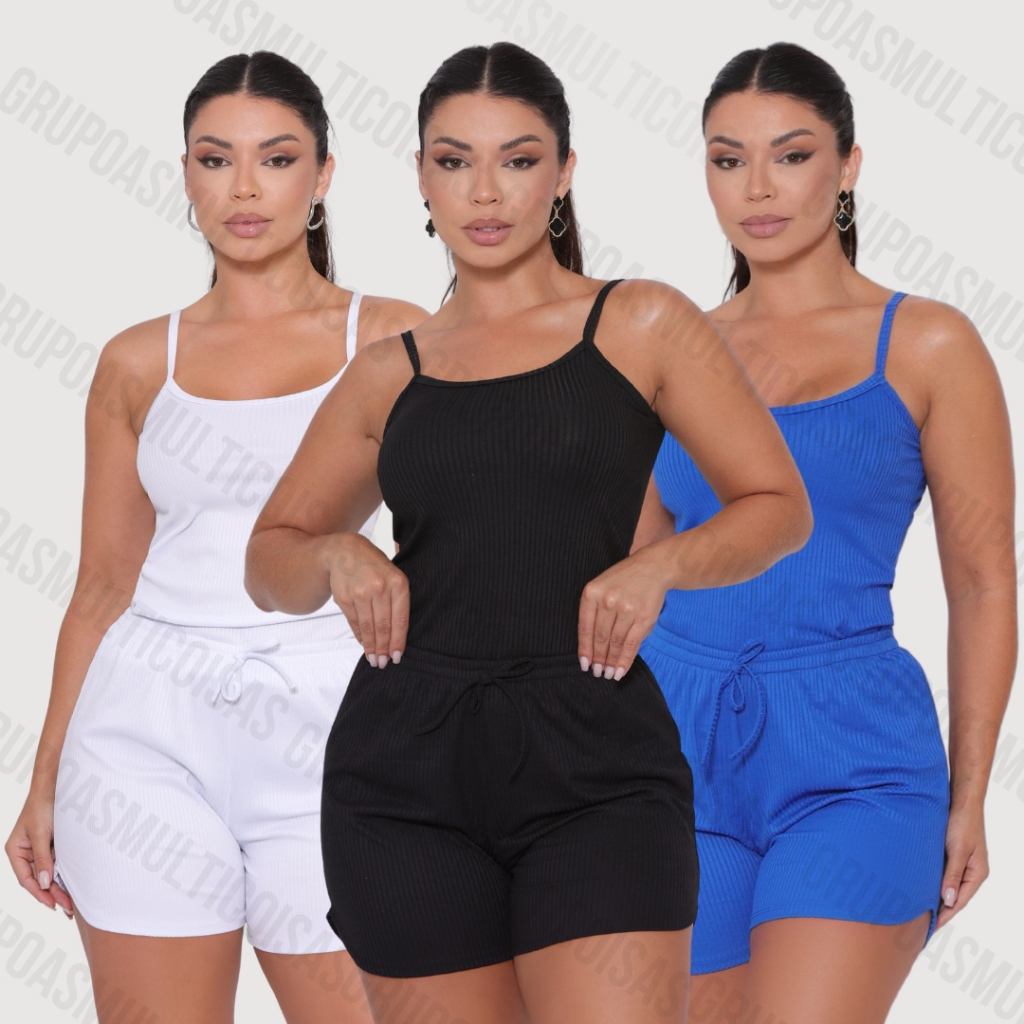 KIT COM 3 CONJUNTOS CANELADO REGATINHA + SHORT MODA VERÃO TECIDO CONFORTÁVEL