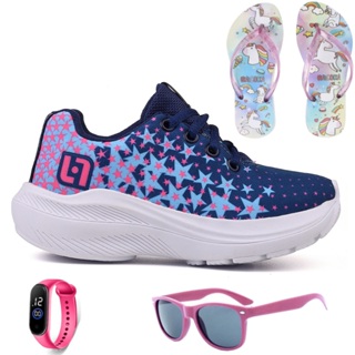 Kit Tênis Infantil Casual Meninas Escolar Basico Confortavel + Chinelo Oculos e Relogio em Oferta na Shopee