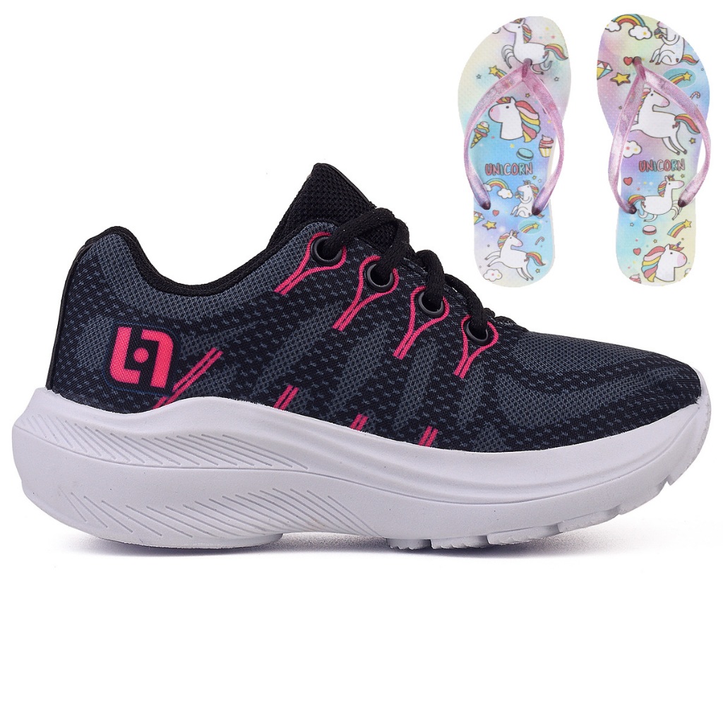 Kit Tênis Infantil Casual Meninas Escolar Basico Confortavel + Chinelo