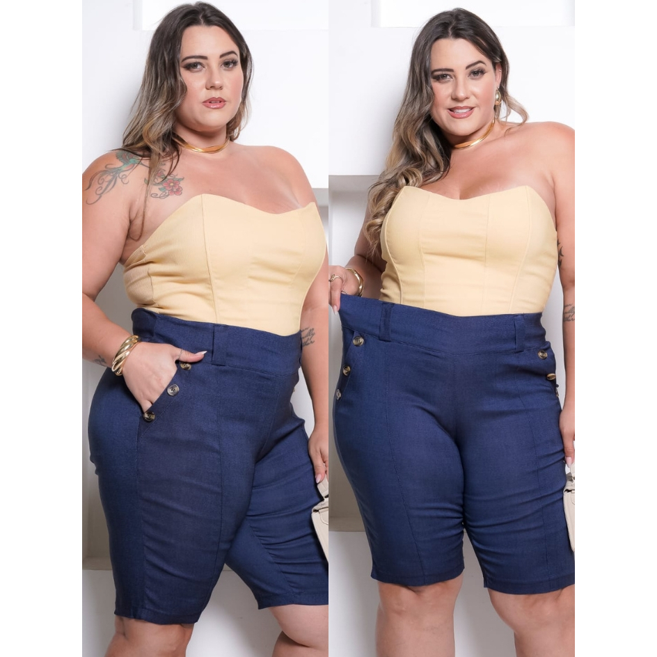 Bermuda Feminino Social Plus Size  Bengaline 40 - 52 Com 6 Botões em Oferta na Shopee