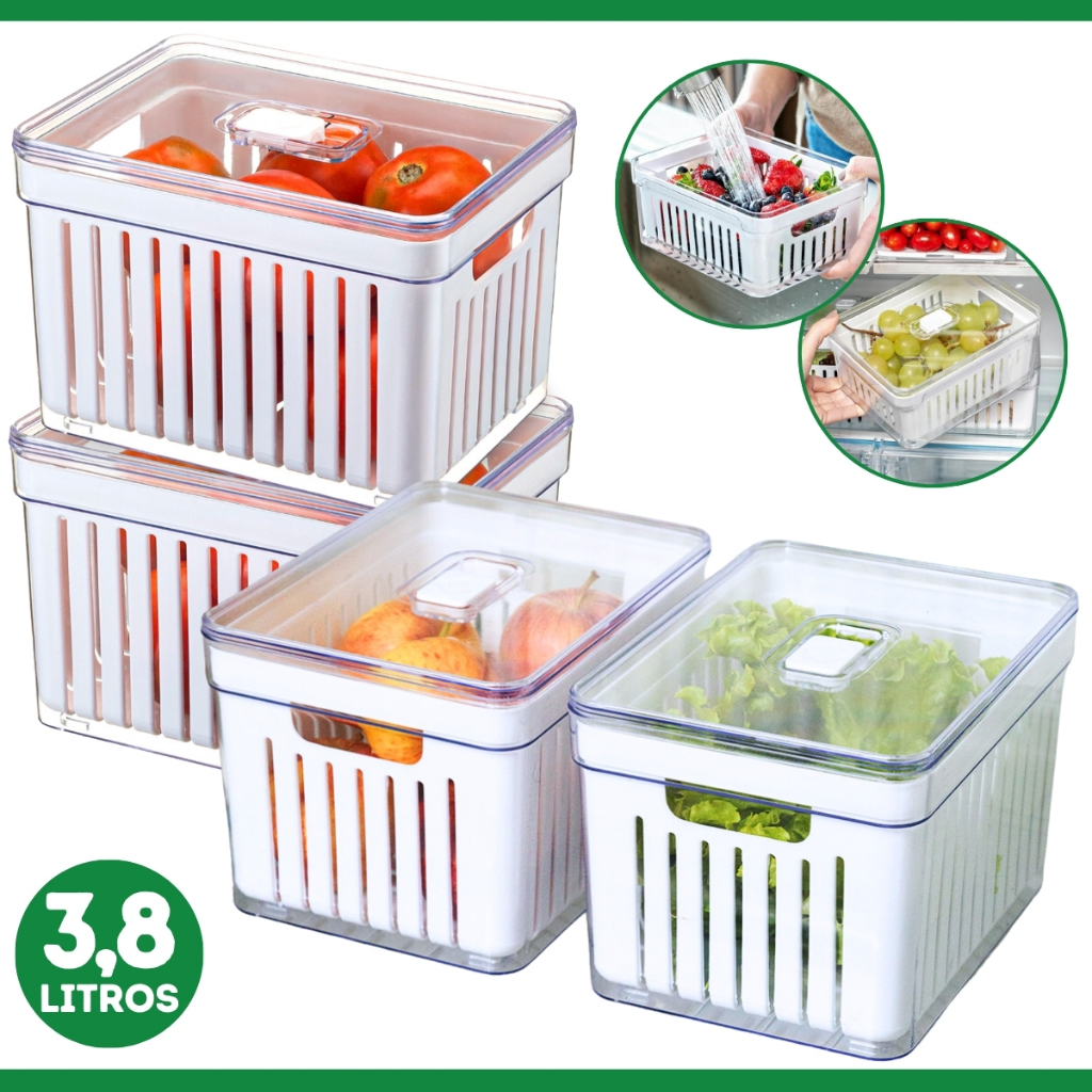Kit 4 Organizador de Geladeira 3,8 Litros Cesto Com Tampa Multiuso Alimentos Verduras e Vegetais