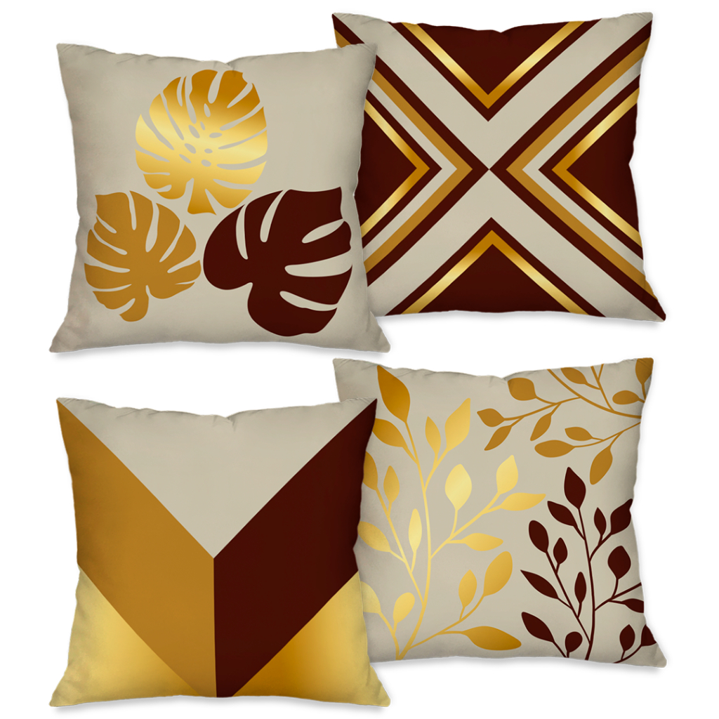 KIT 04 CAPAS PARA ALMOFADAS DECORAÇÃO 45X45 FOLHAS DE OURO