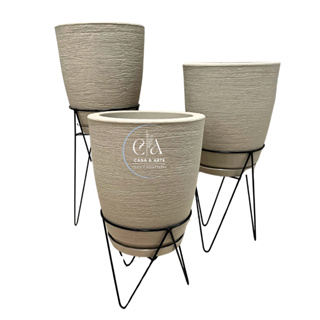 Kit 3 Vasos Escovados Coluna Bojo N1 Decorativos Planta Flor Jardim Sala + Suporte Tripé de Ferro em Oferta na Shopee