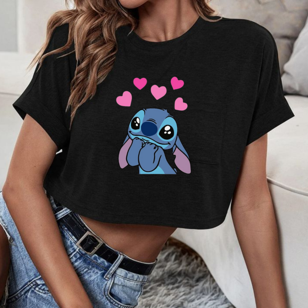 Blusa Cropped Ursinho Stitch Várias Estampas Blusinha Curta Preta Top 100% Algodão - Lançamento