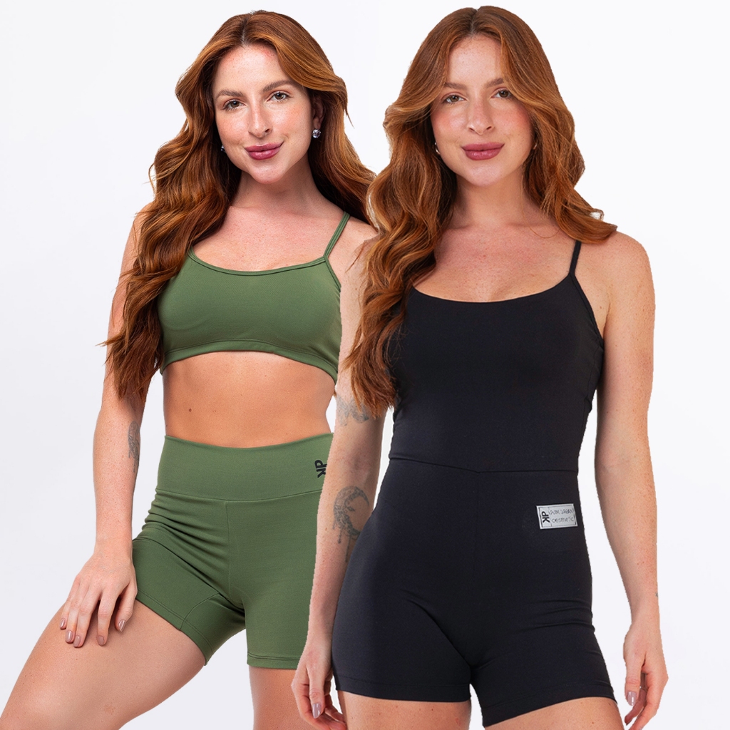 Kit Macaquinho Alcinha Costa Nua + Conjunto Fitness Top Alça Short Meia Coxa Zero Transparência em Oferta na Shopee