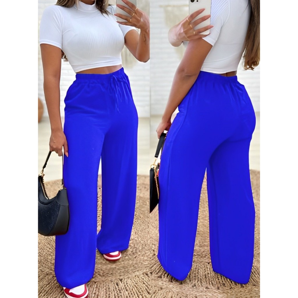 Calça Pantalona Alfaiataria Feminina Com Bolso Cintura Alta tecido leve moda verão tecido Duna