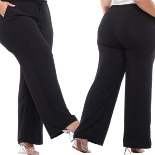 Calça Pantalona Plus Size Feminina Elástico Na Cintura Com Bolso Cintura Alta Tecido Duna