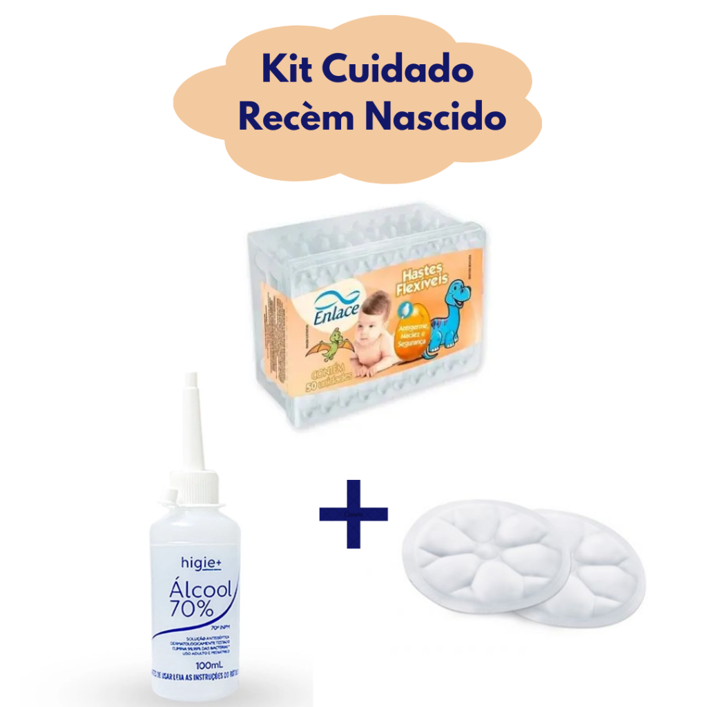 Kit Cuidados Mãe e Bebê Pós Parto 3 Produtos - (Hastes RN/ Abs de Seio/ Alco*l 70%)