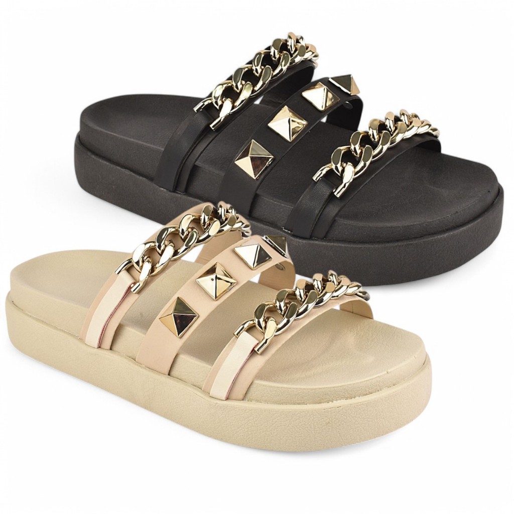 Papete Feminina com Corrente e Spike Chinelo Plataforma Birk Flatform