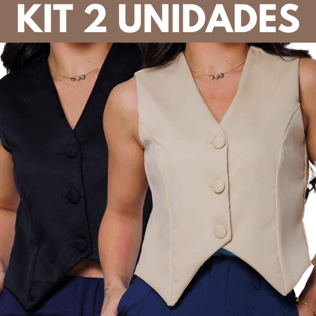 Kit 2 Colete Alfaiataria Feminino Forrado com Botões Forrado