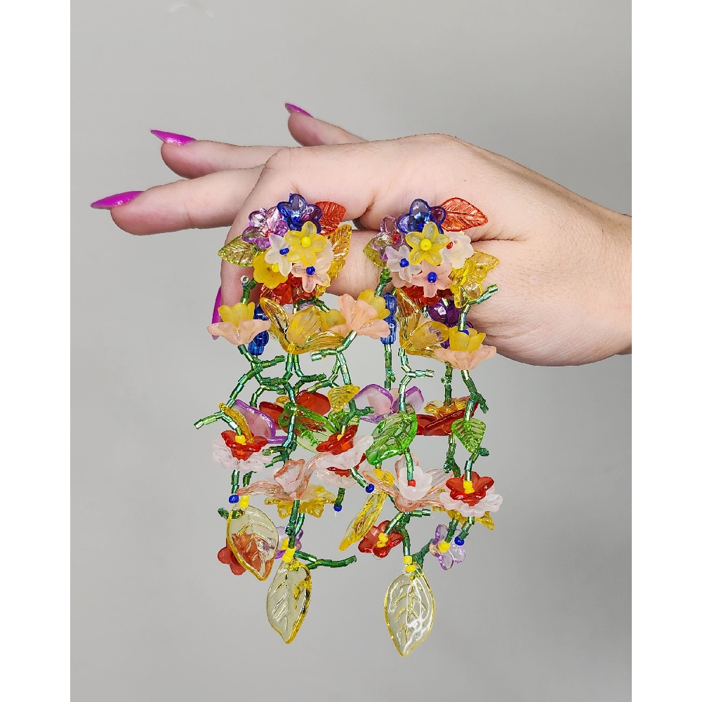 Brinco feminino flores miçangas coloridas moda exclusivo artesanal grande maxi jardim do eden