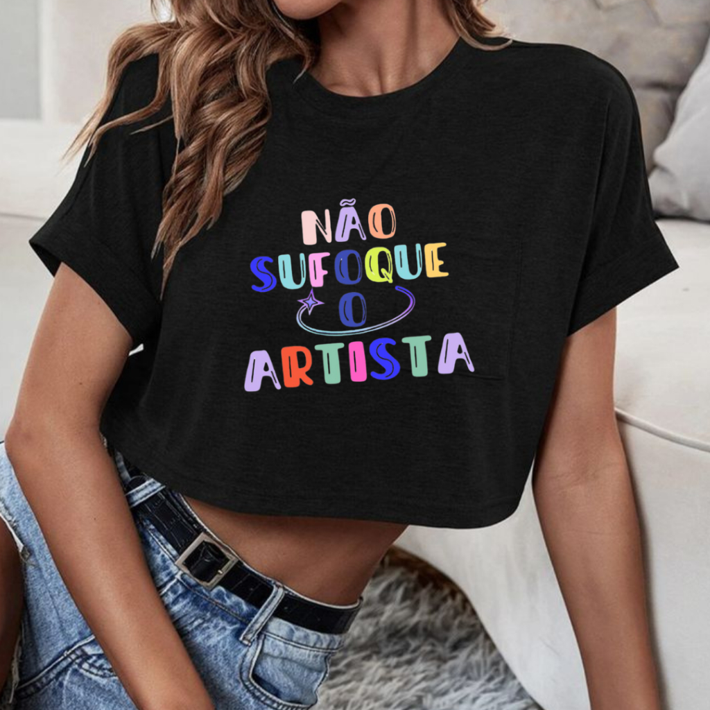 Cropped Estampados Preto Blusa Feminina 100% Algodão Gola Redonda Premium - Lançamento