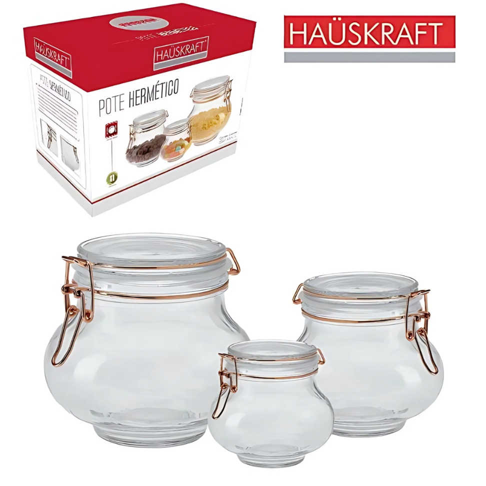 Kit 3 Potes Hermético De Vidro Com Trava Rose Gold Hauskraft