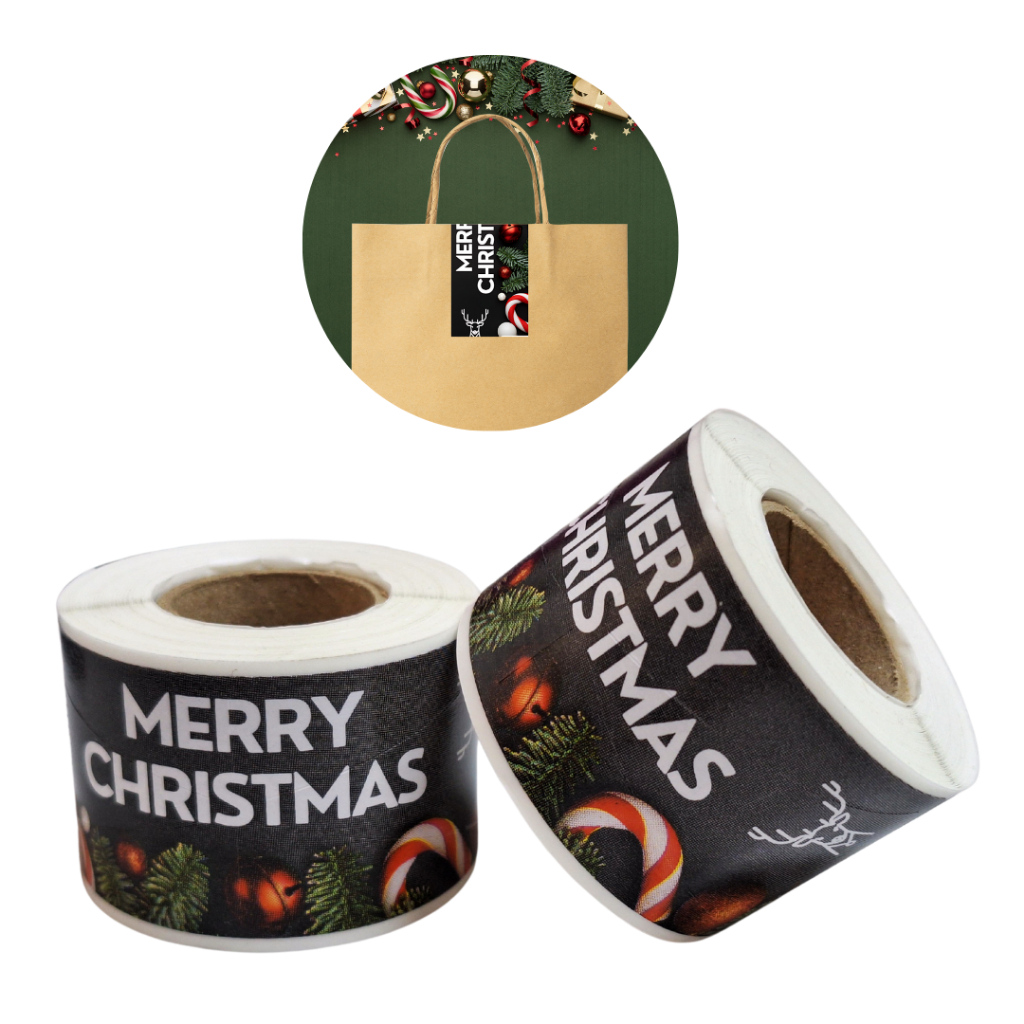 Lacres Fecha Sacola Natal - Adesivo Merry Christmas - Lacres Adesivos Natalinos 10 x 3,4 cm | Pacote 100 ou 500 Unidades
