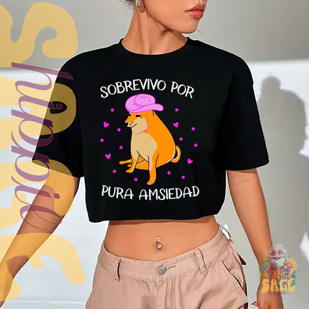 Blusa Feminina Cropped Estampa Rebelde Mia Meme Sobrevivo Por Pura Ansiedade Cachorro Caramelo Brasileiro Divertido