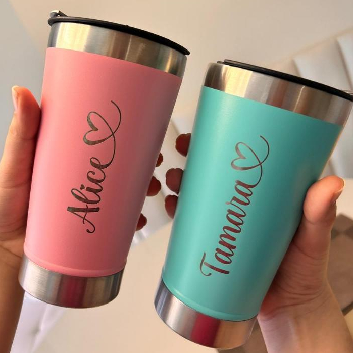 Copo Térmico PERSONALIZADO 473mL com NOME coração várias cores vem COM TAMPA gravação a la...