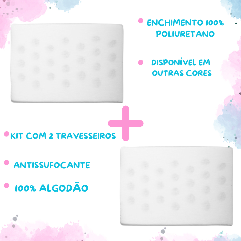 Kit 2 Travesseiros Bebê Antissufocantes e Antialérgicos – Conforto Respirável para o Berço