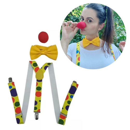 Kit Palhacinho Fantasia Palhaço Suspensório Gravata Nariz