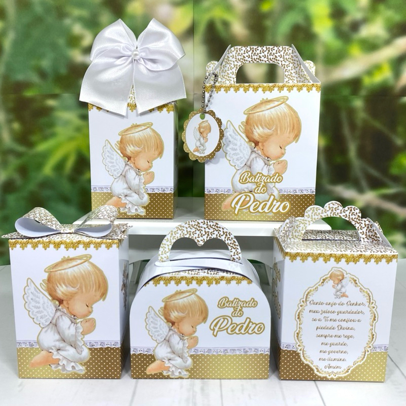 Caixinhas personalizados  lembrancinhas  Batizado  Kit festa  Batizado branco e dourado 2.0