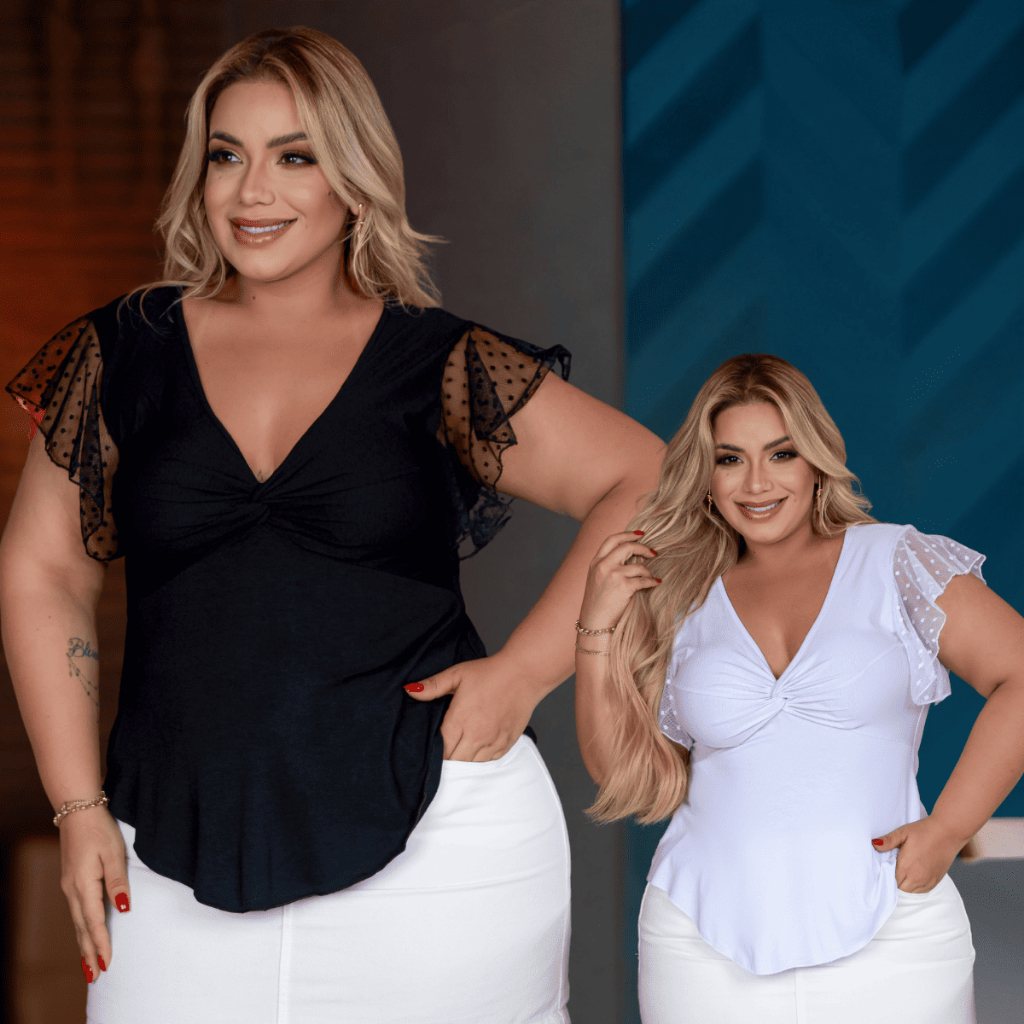 Blusa Plus Size Babadinho Lisa Manga Tule Decote V Elegante em Oferta na Shopee