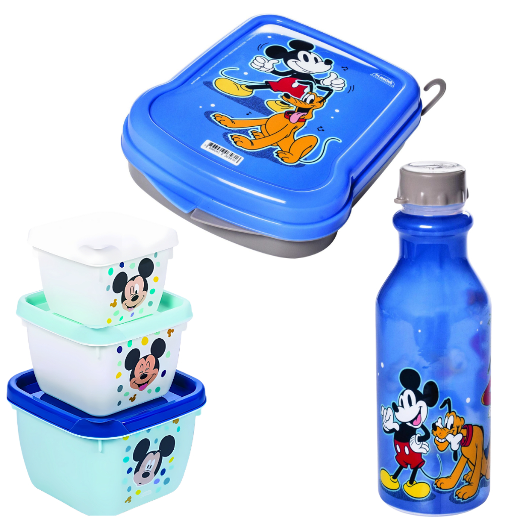 Kit Escolar Infantil Minions Minnie Mickey Pote Garrafa Sanduicheira Lancheira Crianças Alimentos
