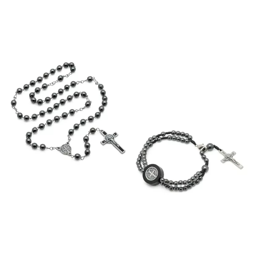 Conjunto De Terço E Pulseira De São Bento Pedra Hematita