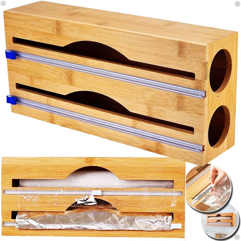 Porta Rolo Duplo Organizador Bambu Papel Alumínio Filme PVC Cortador Dispenser Cozinha Sup...