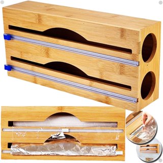 Porta Rolo Duplo Organizador Bambu Papel Alumínio Filme PVC Cortador Dispenser Cozinha Sup...