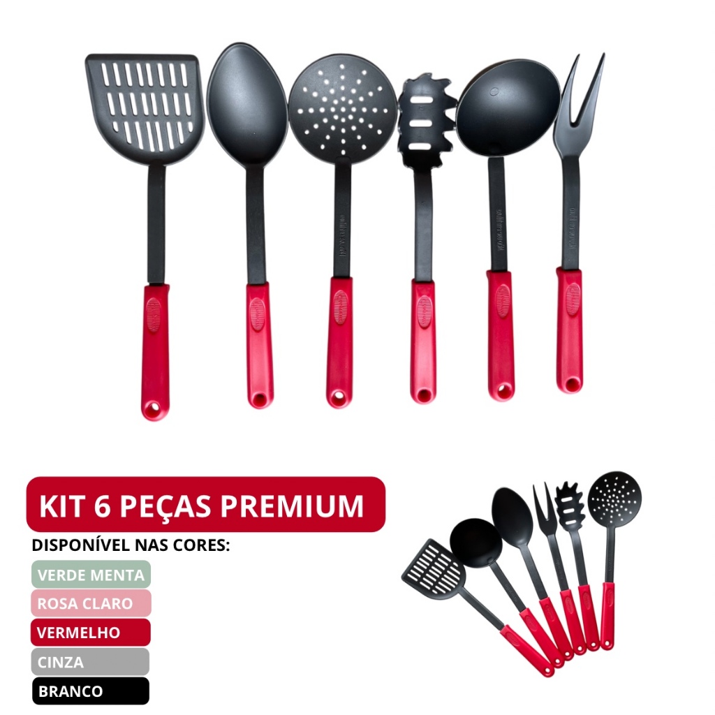 Utensílios De Cozinha Kit Premium 6 Peças Jogo De Colher Conchas Conjunto Nylon Resistente Vermelho