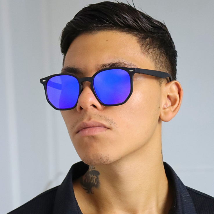 Óculos de Sol Tulum Azul Espelhado Armação Preto Degradê Hexagonal Premium uv400 Feminino Masculino - Fashion Accessories