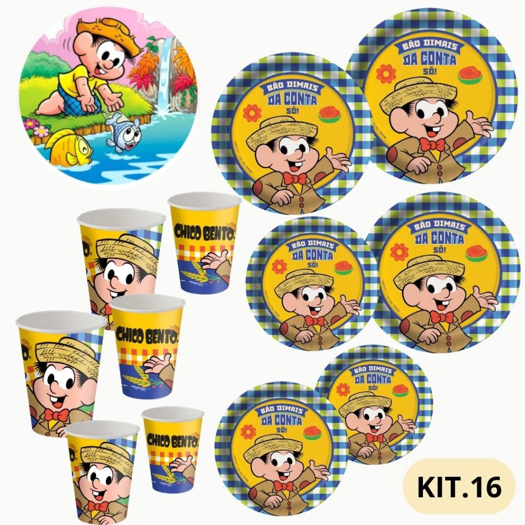 KIT FESTA CHICO BENTO 16 PRATOS + 16 COPOS DESCARTÁVEL 200 ML PAPEL - FESTCOLOR (CHOCO)