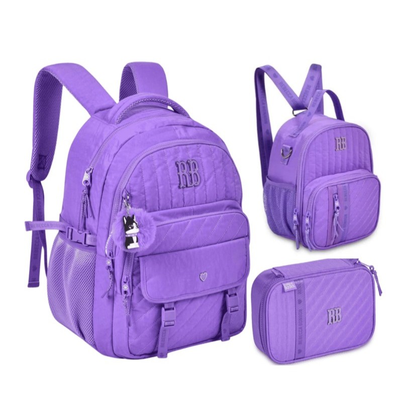Detalhes do Kit Mochila de Costas Rebecca Bonbon Matelassê Lancheira e Estojo
