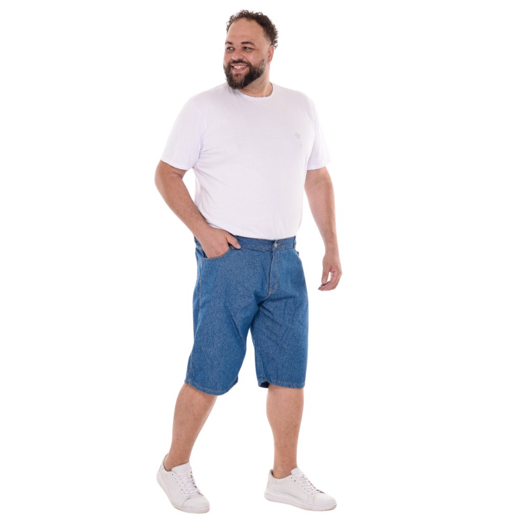 Bermuda Masculina Plus Size 100% Algodão Jeans Azul Médio
