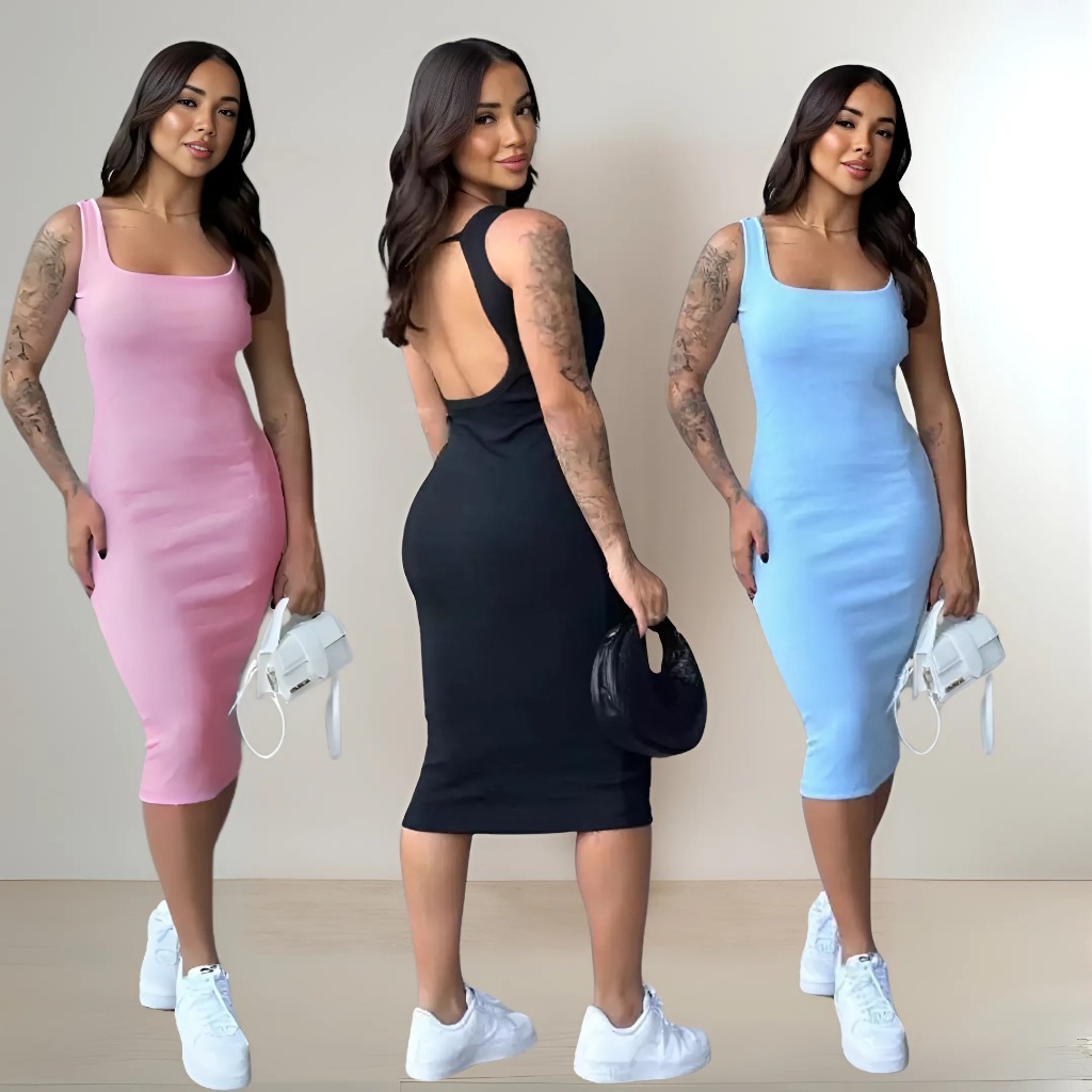 Kit Com 2 Vestido Midi Costas Nuas Tubinho Canelado Anarruga Colado Modelador Gringa Com Alça