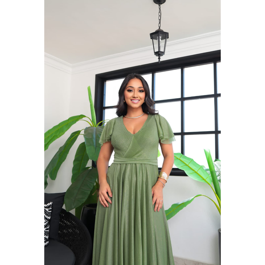 Vestido Festa Longo Brilhoso Marlene para Madrinhas Casamento Mae de Noivos manga godê plissado em Oferta na Shopee