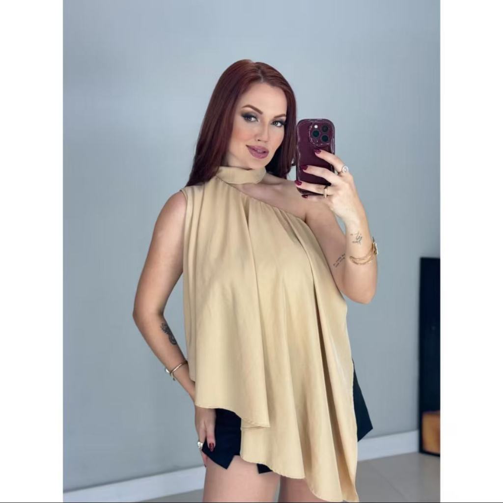 Blusa de Bico Feminina Choker Assimétrica Sem Mangas Comprida