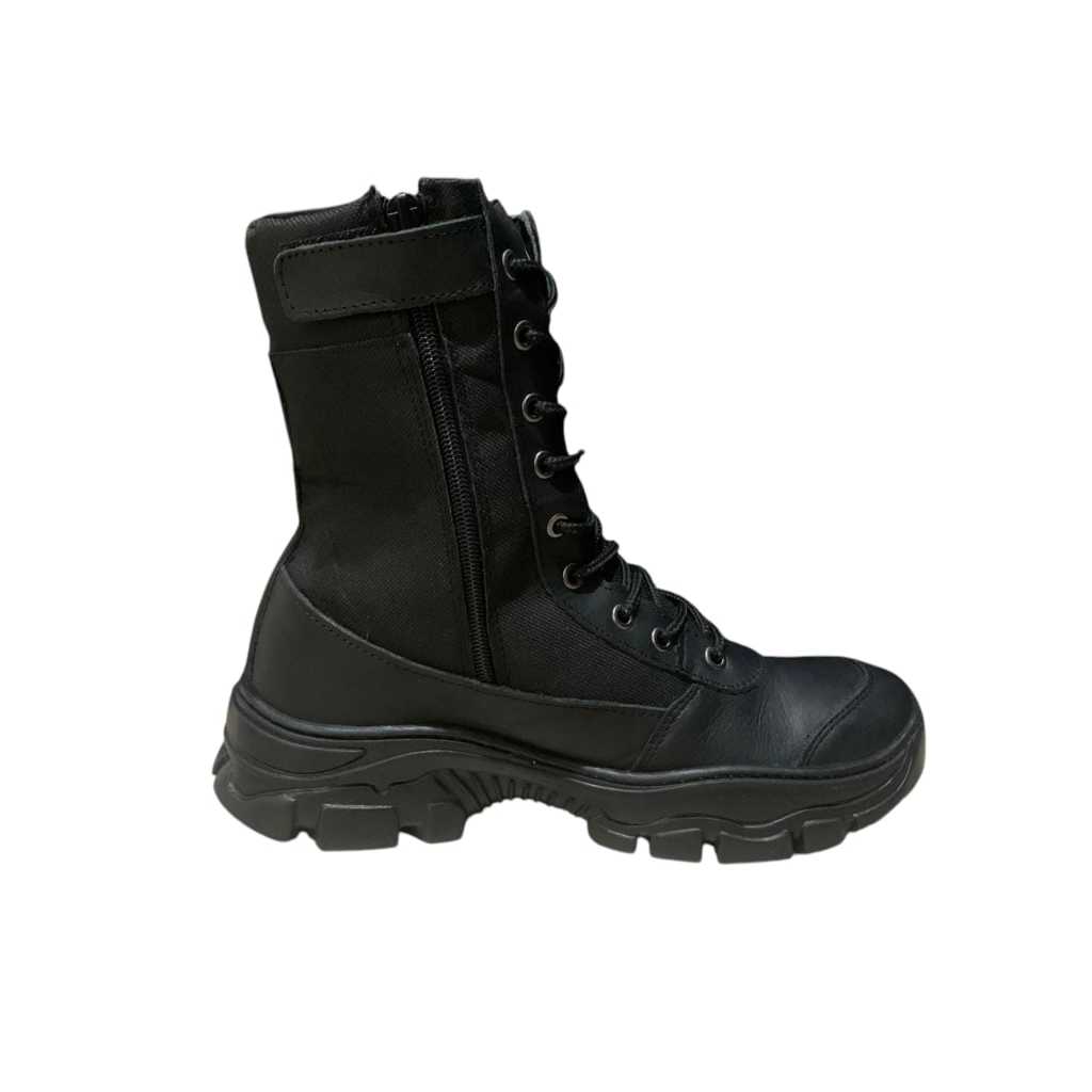 Bota coturno da Moda Militar tática Preta com Zíper Couro Legítimo solado borracha