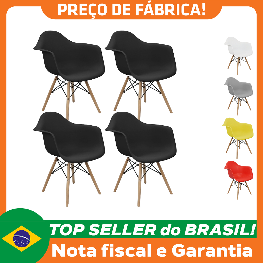 Kit 4 Cadeiras Charles Eames Eiffel Design Wood Com Braços