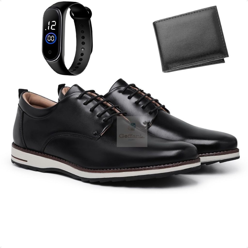 Sapato Social Masculino Oxford de Amarrar Solado Moderno e Confortável + Relógio Digital + Carteira