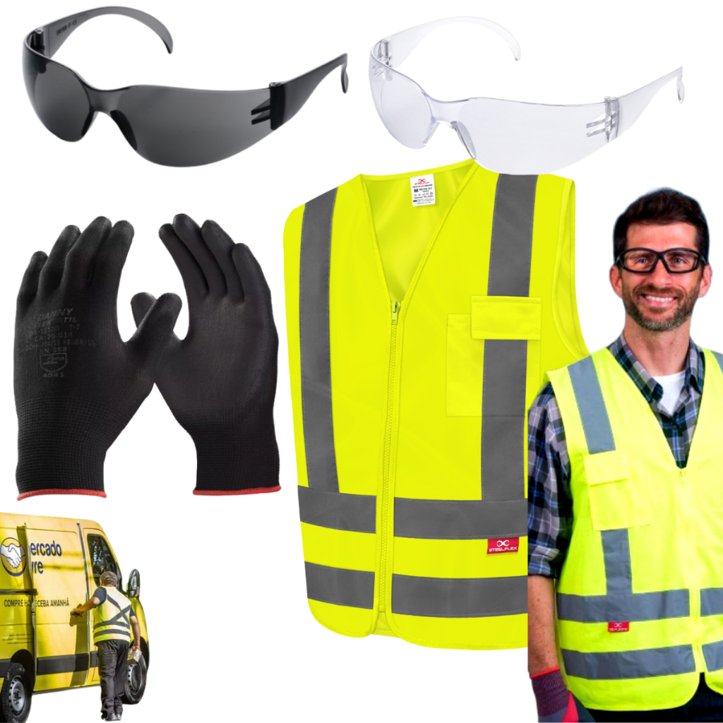 Kit Entregador Epi Completo Colete Refletivo 1 Bolso Óculos de Segurança Epi Escuro Incolor Luva Multitato